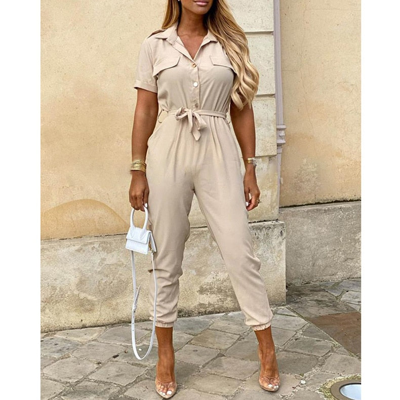 Fashion Women Jumpsuit Solid Color Summer Casual Lapel Printed Belt Work Overalls Ladies New Hot Selling Button Long Jumpsuit - Executive Quality Store