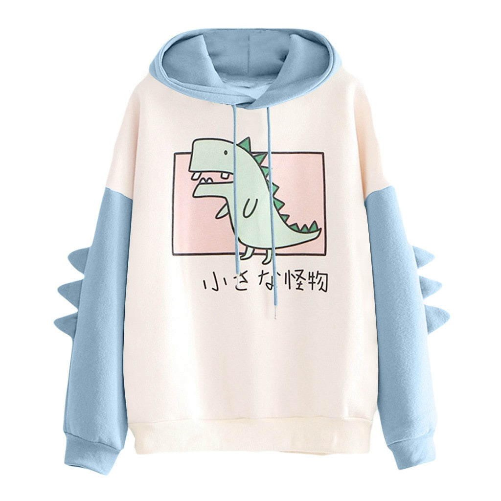 Winter dino hoodie Tops Dinosaur Oversized Cartoon Hoodie Women Fashion Sweatshirt Casual Print Korean Style Thicken Sweatshirt - Executive-Skincare