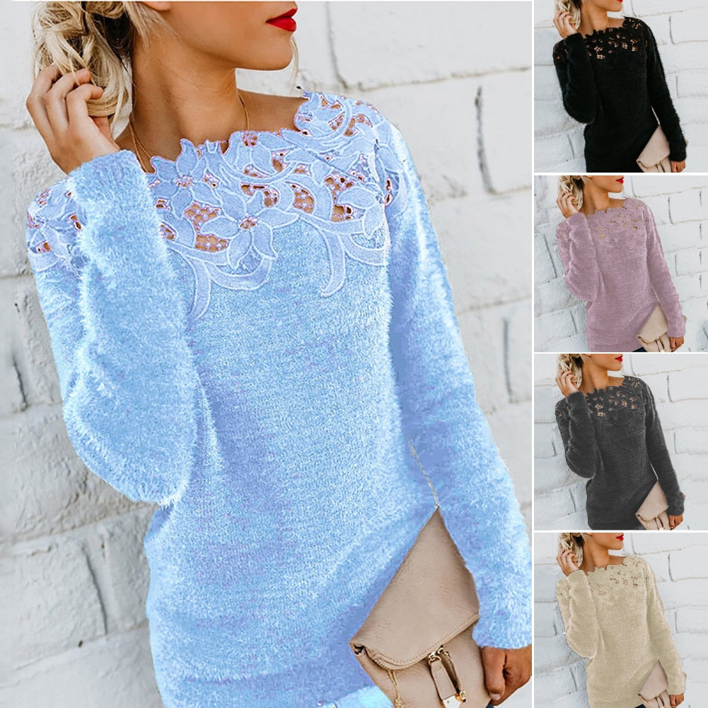 Oversize Winter Sweater Women Solid Color Long Sleeve O Neck Floral Lace Pullover Casual Elegant  Sweater - Executive-Skincare