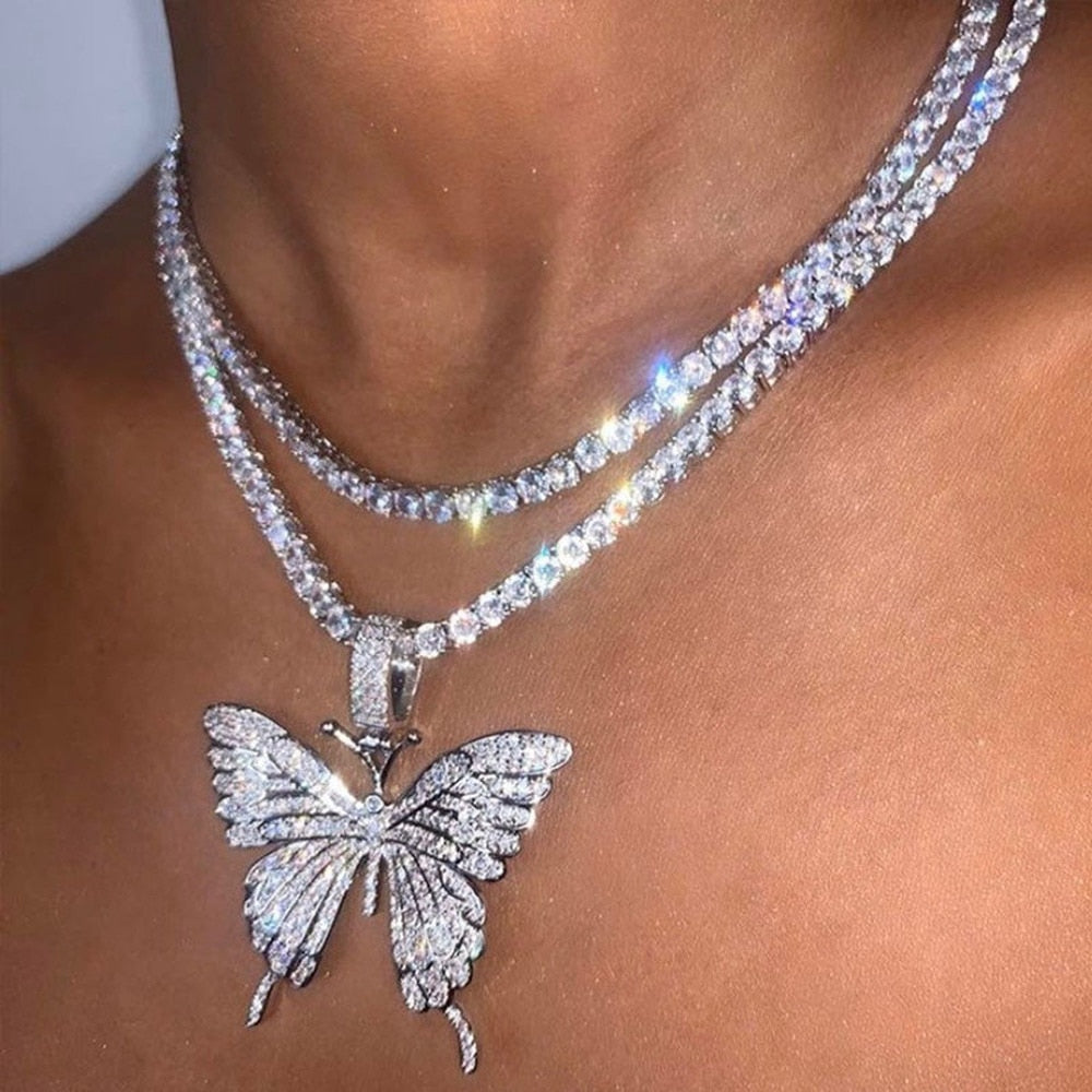 Statement Big Butterfly Pendant Necklace Rhinestone Chain for Women Bling Tennis Chain Crystal Choker Necklace Party Jewelry - Executive-Skincare