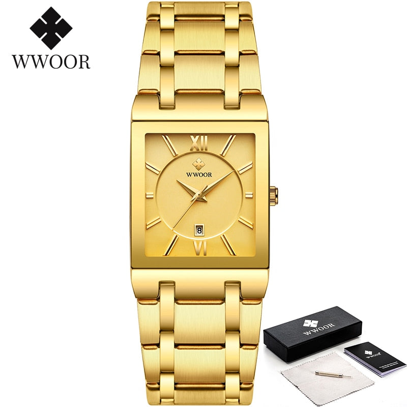 Relogio Masculino WWOOR Gold Watch Men Square Mens Watches Top Brand Luxury Golden Quartz Stainless Steel Waterproof Wrist Watch - Executive-Skincare