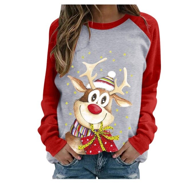 Funny Cute Elk Printing Long Sleeve Christmas Women T Shirt Harajuku S-2xl Cotton Woman Tshirts Graphic Aesthetic Shirt Female - Executive-Skincare