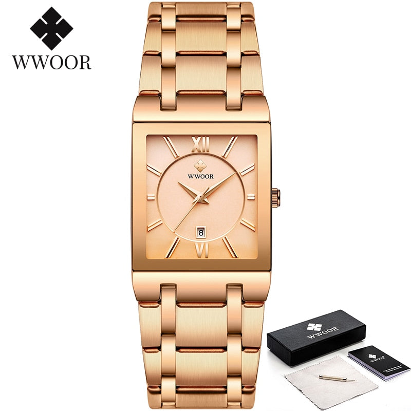 Relogio Masculino WWOOR Gold Watch Men Square Mens Watches Top Brand Luxury Golden Quartz Stainless Steel Waterproof Wrist Watch - Executive-Skincare