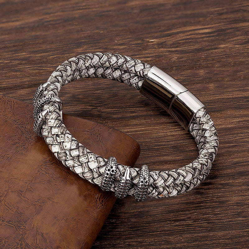 Fashion Men Bracelet Stainless Steel Handmade Rope  Bangles Gray Vintage Leather Gold Dragon Claw Punk Jewelry Gift Accessories - Executive-Skincare