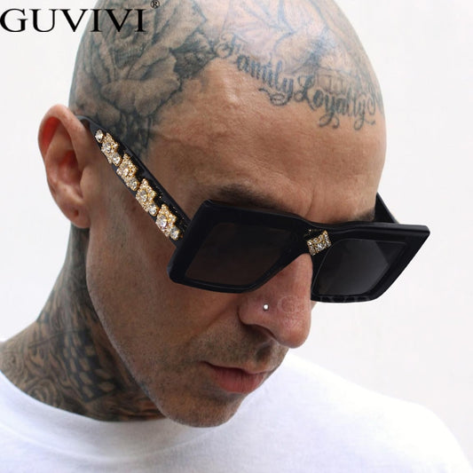 Luxury Rhinestone Square Retro Sunglasses Punk Oversize Geometric Diamond Decor Eyeglasses Women Men Hip Hop Shades UV400 - Executive-Skincare