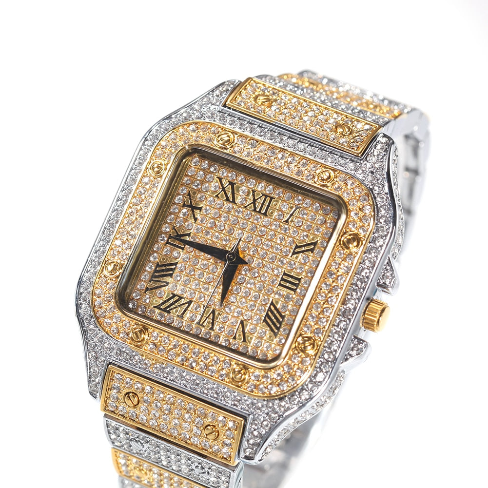 Hip Hop Full Iced Out Full Drill Men Square Watches Stainless Steel Fashion Luxury Rhinestones Quartz Square Business Watch - Executive-Skincare