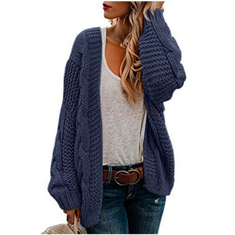 2021 spring and autumn new thick needle twist knit cardigan women&#39;s mid-length solid color casual loose coat cardigan - Executive-Skincare