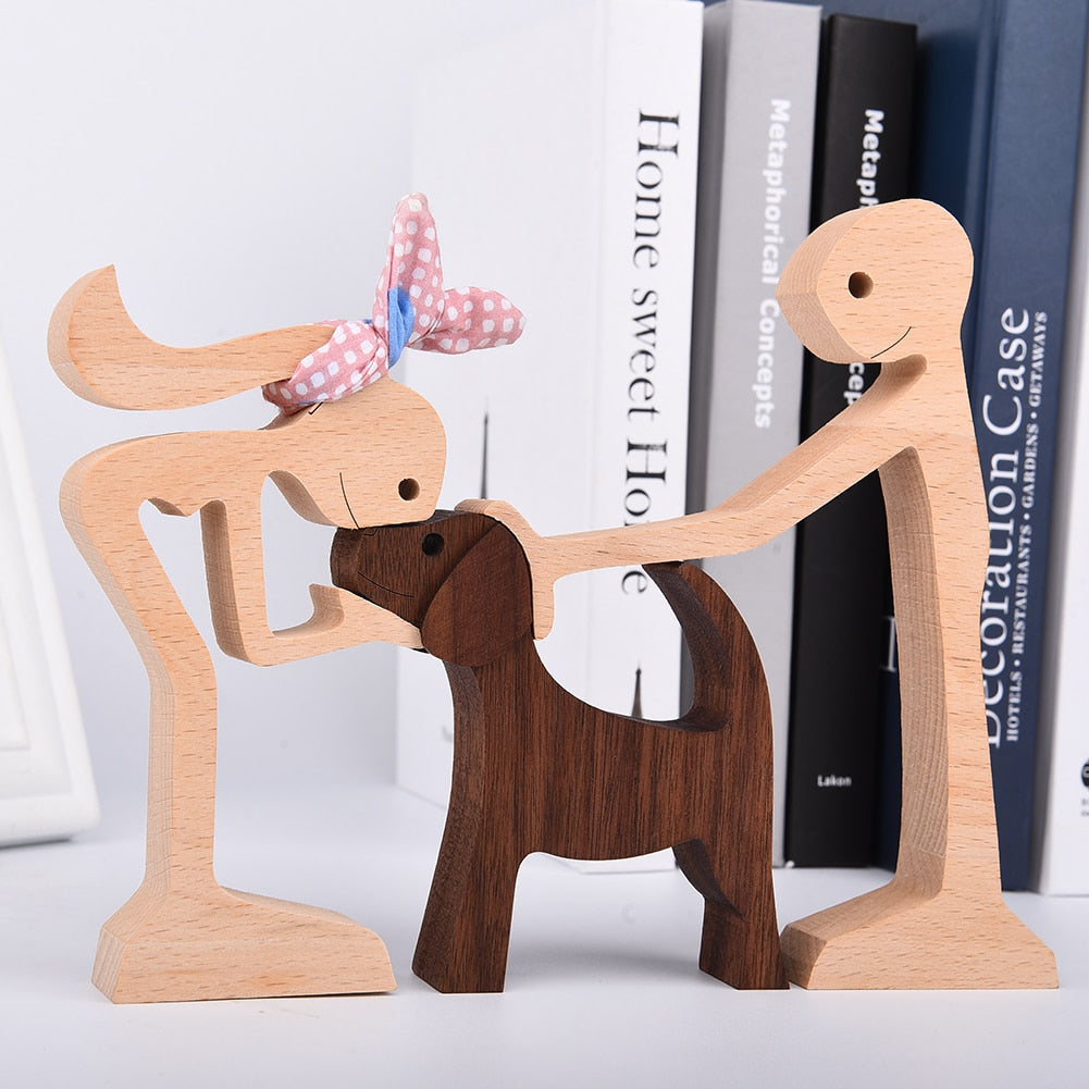 Family Puppy Wood Dog Craft Figurine Desktop Table Ornament Carving Model Home Office Decoration Pet Sculpture Christmas Gift - Executive-Skincare