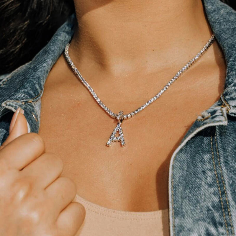 Caraquet Ice out A-Z Letter Initial Pendant Necklace Silver Color Tennis Chain Choker Necklace Female Fashion Statement Jewelry - Executive-Skincare