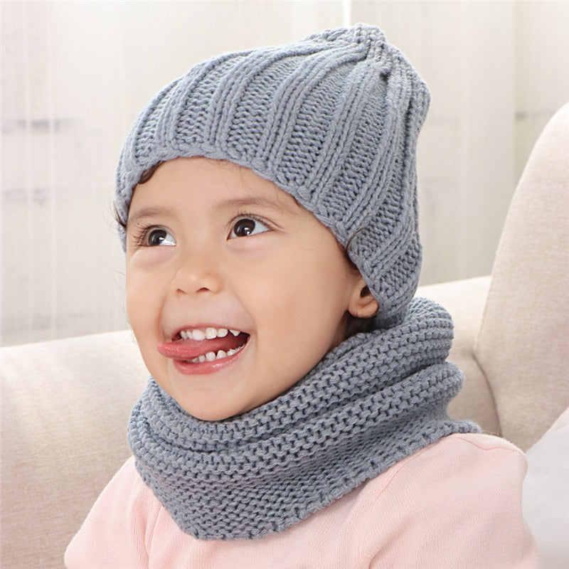 Multicolor hat and scarf for children solid acrylic kids hat with a scarf knit girls boy hats scarves set winter accessories - Executive-Skincare