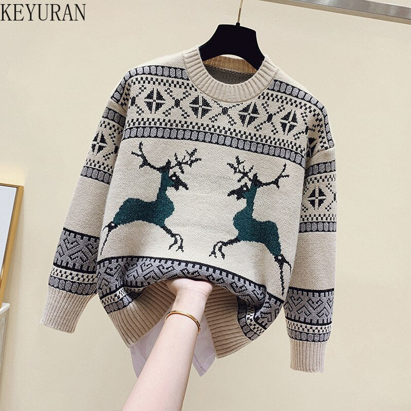 Vintage Jacquard Christmas Sweater Women Pullover Autumn O Neck Long Sleeve Loose Reindeer Print Knitted Jumpers Female Tops - Executive-Skincare