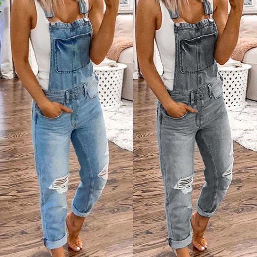 Women&#39;s Jumpsuit Solid Color Slim Dungarees Women Sleeveless Pockets Ripped Holes Suspender Trousers Summer Casual Overalls 2021 - Executive Quality Store