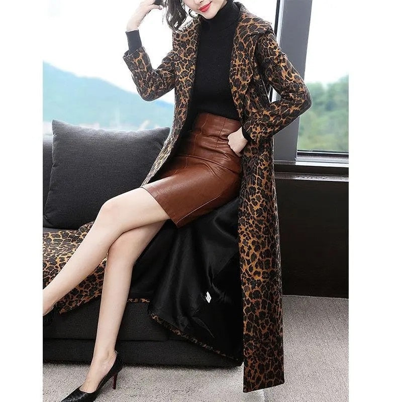 Women&#39;s Trench Coat Leopard Long Sleeve Coat Women 2021 Spring Autumn New Fashion Elegant Long Female Casual Windbreaker Lu2005 - Executive-Skincare