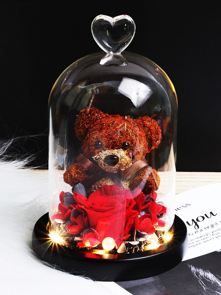 The Beautiful and the Beast Teddy Bear Rose Decor Natural Dried Flowers In Glass Dome LED Mother&#39;s Valentine&#39;s Day Wedding Gift - Executive-Skincare