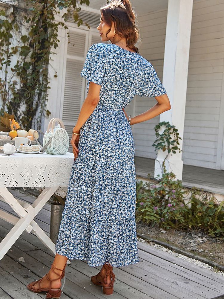 Ladies Vintage Long Floral Print Summer Dress Women Loose Casual Button Bohemian Beach Dress Women Sundress Robe Vestidos Female - Executive-Skincare