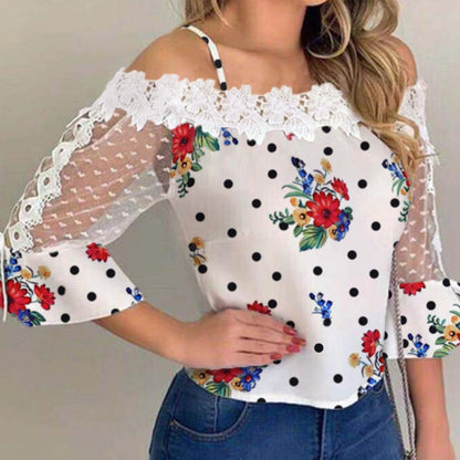 2020 Autumn Women Elegant Stylish Party Top Female Fashion Basic Casual Shirt Cold Shoulder Mesh Insert Dots Floral Print Blouse - Executive-Skincare