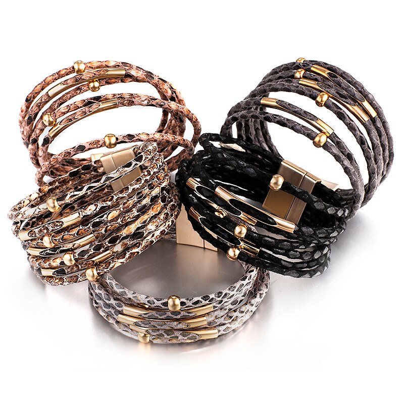 ALLYES Snake Pattern Leather Bracelets for Women 2022 Fashion Exaggerated Multilayer Wide Wrap Bracelets & Bangles Charm Jewelry - Executive-Skincare