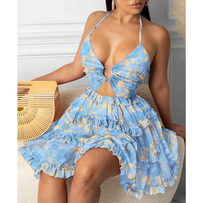 Fashion Women Sexy Backless Halter Geo Print Mini Dress Beach Dresses O-ring Cut-out Backless Frill Hem Summer Short Dresses - Executive-Skincare