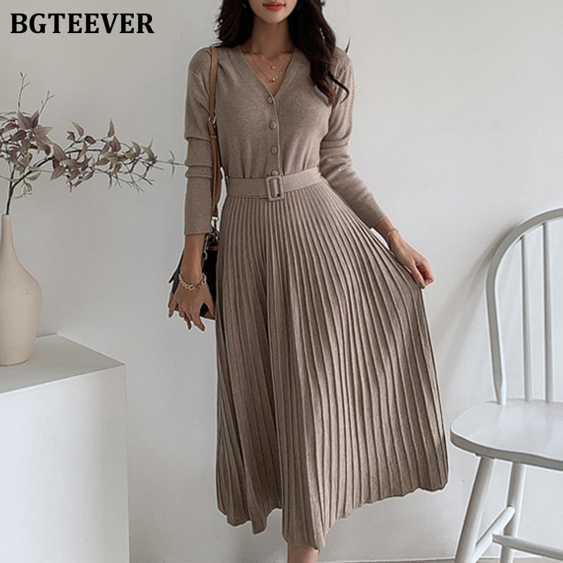 BGTEEVER Elegant V-neck Single-breasted Women Thicken Sweater Dress 2021 Autumn Winter Knitted Belted Female A-line soft dresses - Executive-Skincare