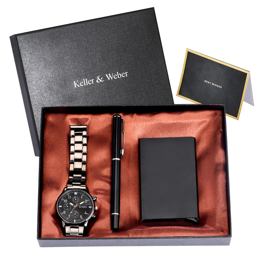 2021 Men&#39;s Gift Sets Top Luxury Quartz Watches High Quality Signature Pen Fashion Male Card Case Gifts for Husband Dad Boyfriend - Executive-Skincare