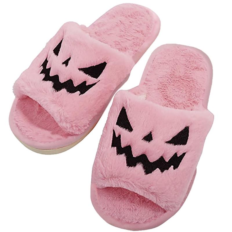 Halloween Pumpkin Fuzzy Slippers Soft Plush Cozy Open Toe Women Slides - Executive-Skincare