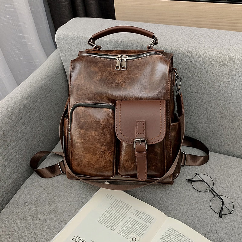 2020 Women PU Leather School Bags Vintage Backpack Women Big Schoolbag Mochila Feminina Brown Black Backpacks Sac A Dos Bagpack - Executive-Skincare