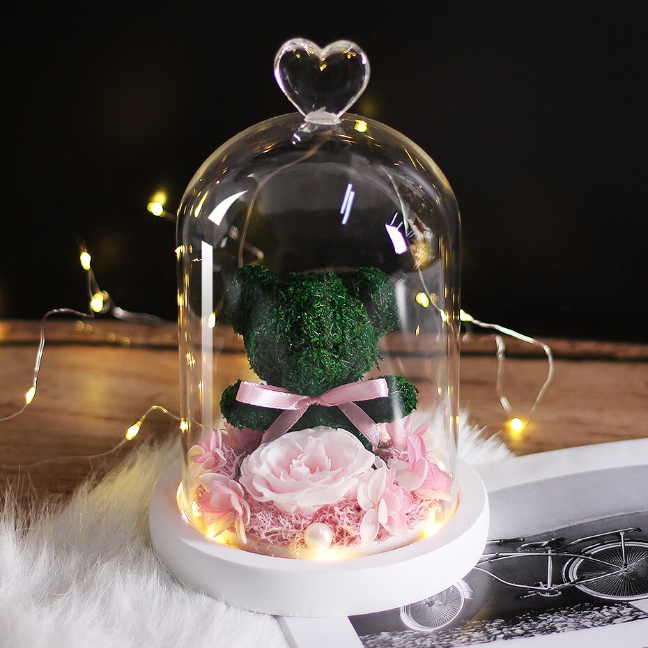 The Beautiful and the Beast Teddy Bear Rose Decor Natural Dried Flowers In Glass Dome LED Mother&#39;s Valentine&#39;s Day Wedding Gift - Executive-Skincare