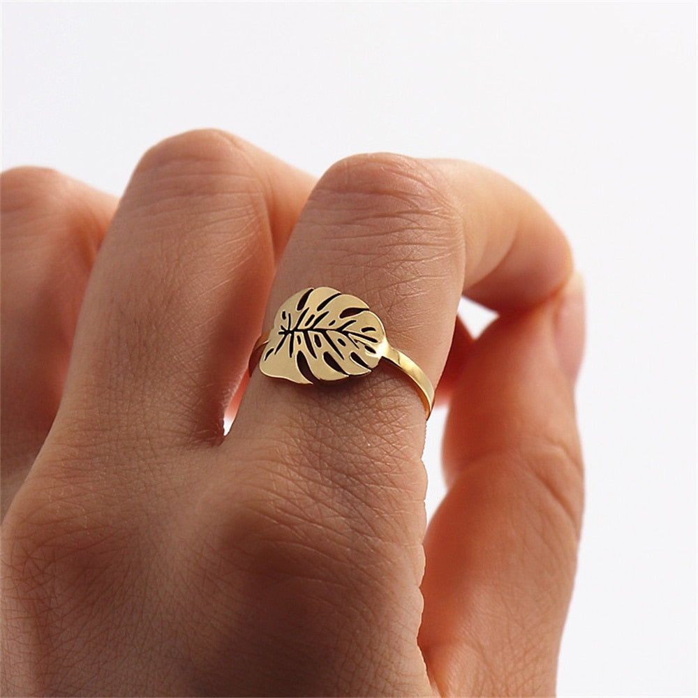 Tropical Leaf Ring Greenery Jewelry Gold Plated Palm Leaf Rings For Women Ring Stainless Steel Anillos Hombre Hawaiian Gift - Executive-Skincare