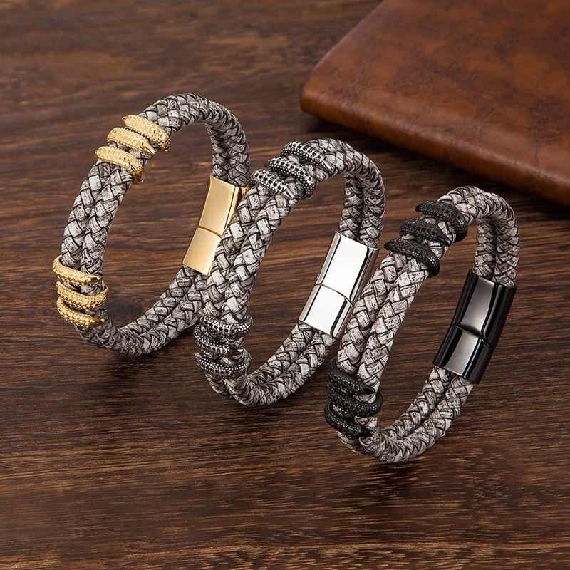 Fashion Men Bracelet Stainless Steel Handmade Rope  Bangles Gray Vintage Leather Gold Dragon Claw Punk Jewelry Gift Accessories - Executive-Skincare