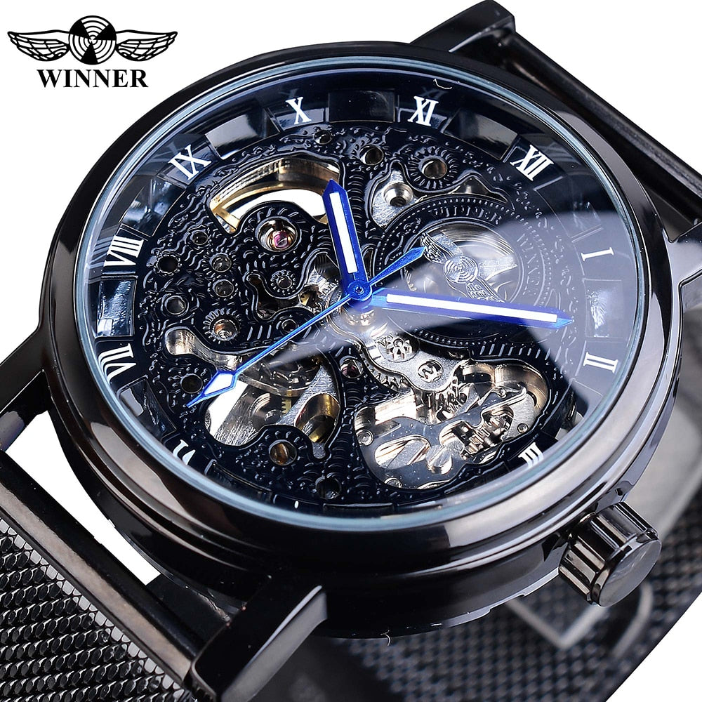 Winner Transparent Golden Case Luxury Casual Design Brown Leather Strap Mens Watches Top Brand Luxury Mechanical Skeleton Watch - Executive-Skincare