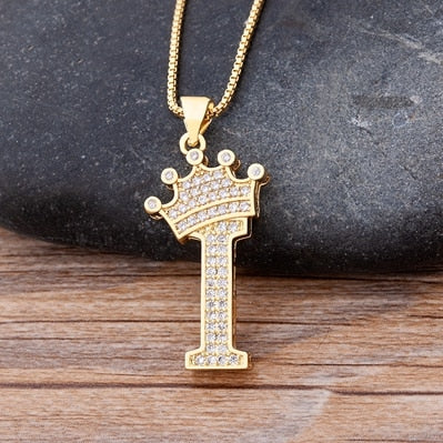 Nidin New Luxury Copper Zircon A-Z Crown Alphabet Pendant Chain Necklace Hip-Hop Style Fashion Woman Man Initial Name Jewelry - Executive-Skincare