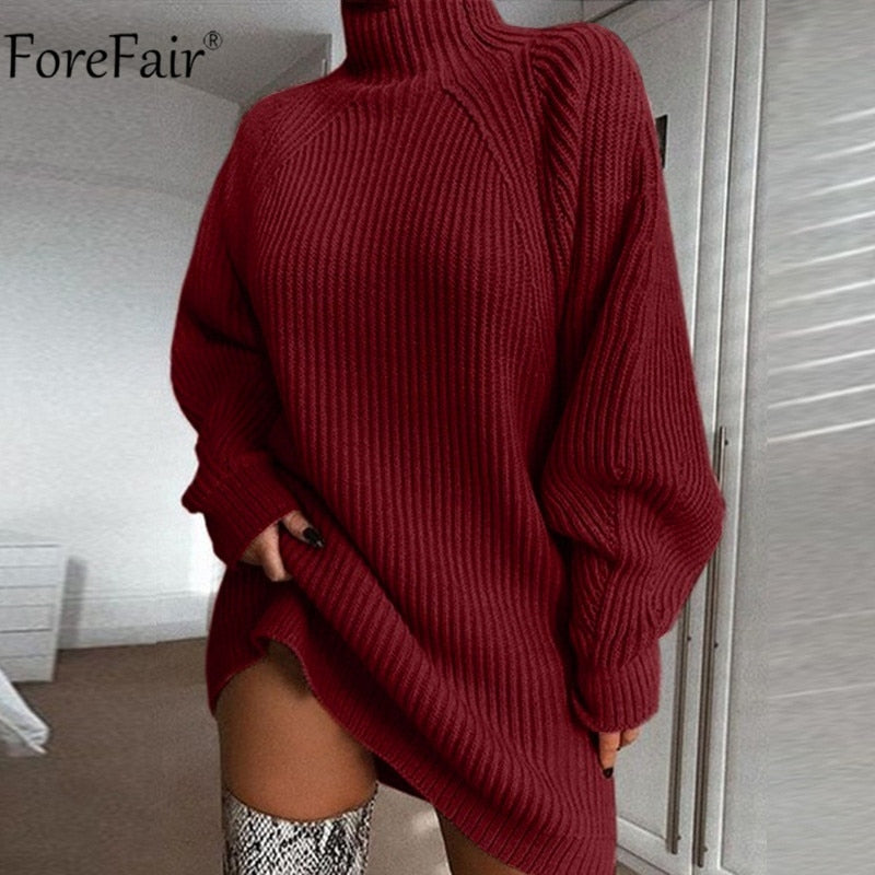 Forefair Turtleneck Long Sleeve Sweater Dress Women Autumn Winter Loose Tunic Knitted Casual Pink Gray Clothes Solid Dresses - Executive-Skincare