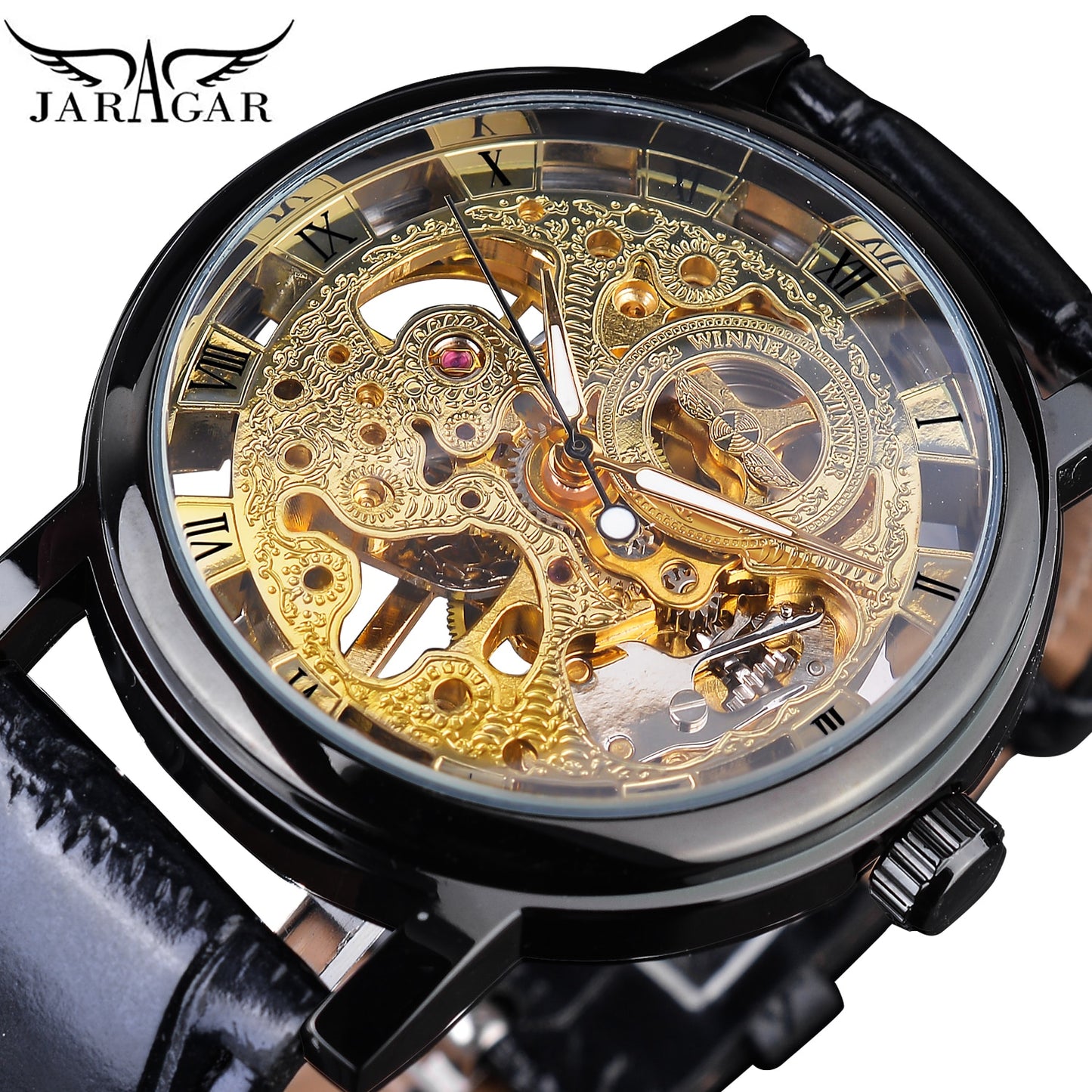 Winner Transparent Golden Case Luxury Casual Design Brown Leather Strap Mens Watches Top Brand Luxury Mechanical Skeleton Watch - Executive-Skincare