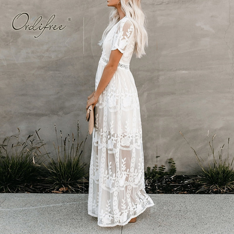 Ordifree 2022 Summer Boho Women Maxi Dress Loose Embroidery White Lace Long Tunic Beach Dress Vacation Holiday Clothes - Executive-Skincare