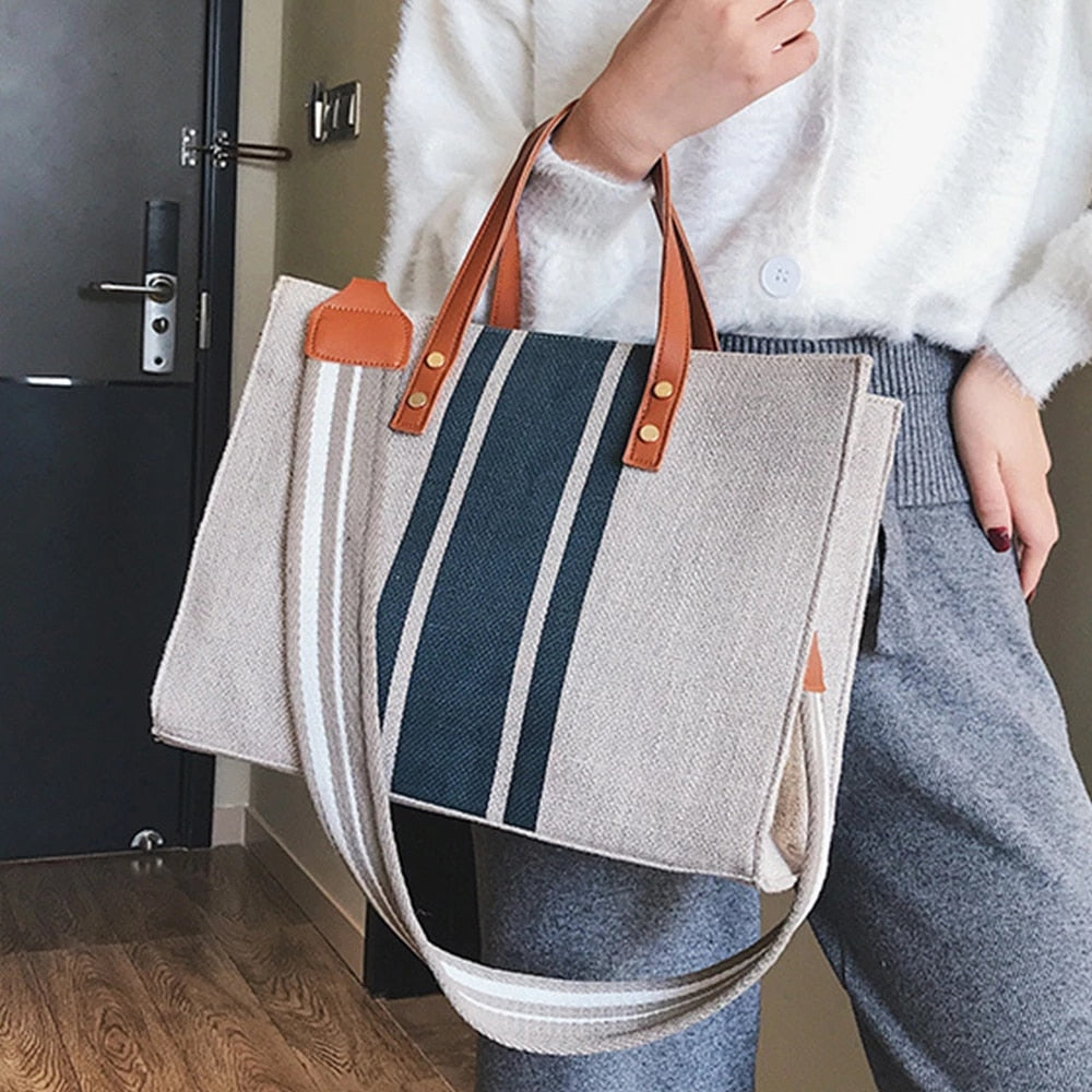 Large Capacity Canvas Striped Women Tote Bag Commuter Shoulder Crossbody Bags for Women 2021 Fashion Business Briefcase Handbag - Executive-Skincare