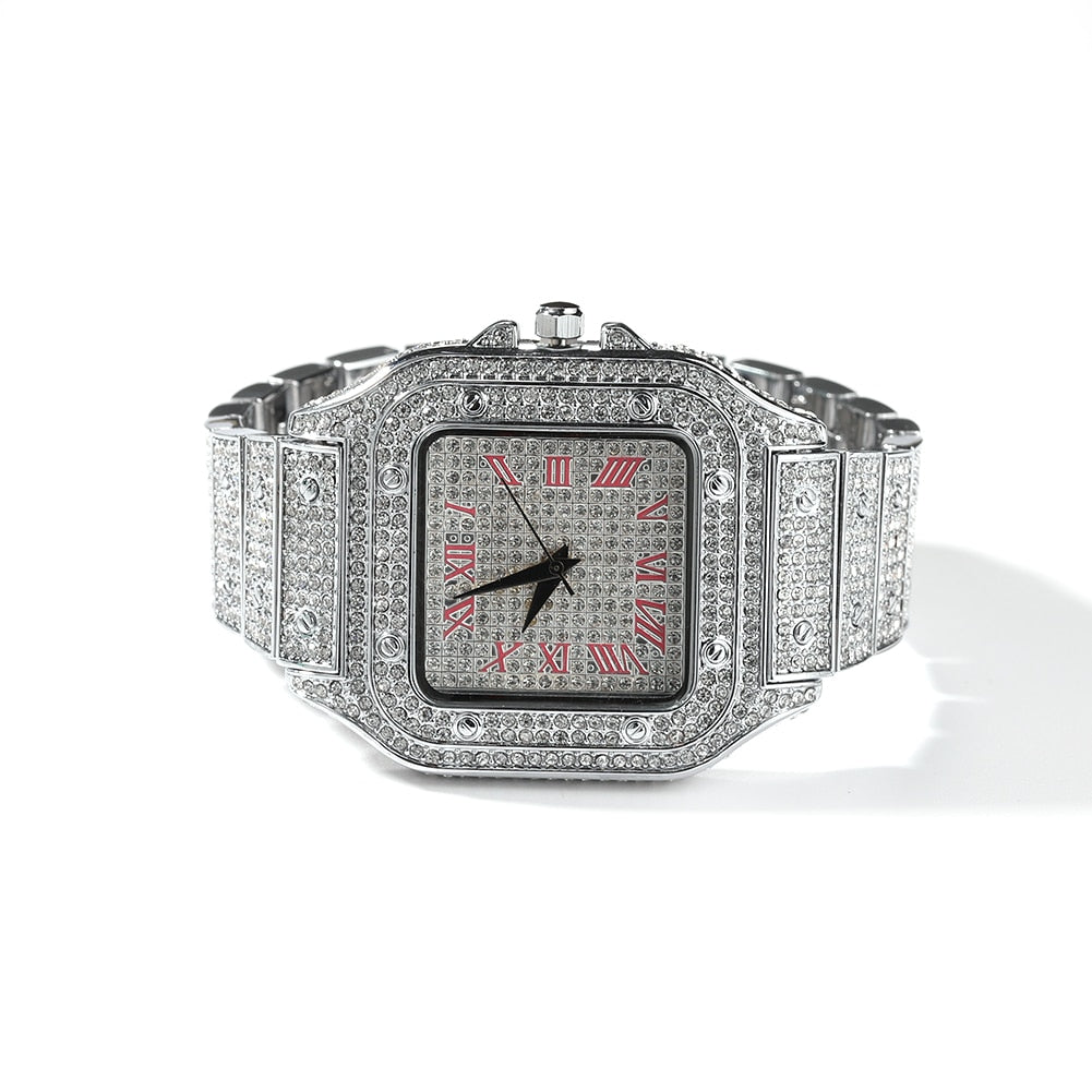 Hip Hop Full Iced Out Full Drill Men Square Watches Stainless Steel Fashion Luxury Rhinestones Quartz Square Business Watch - Executive-Skincare