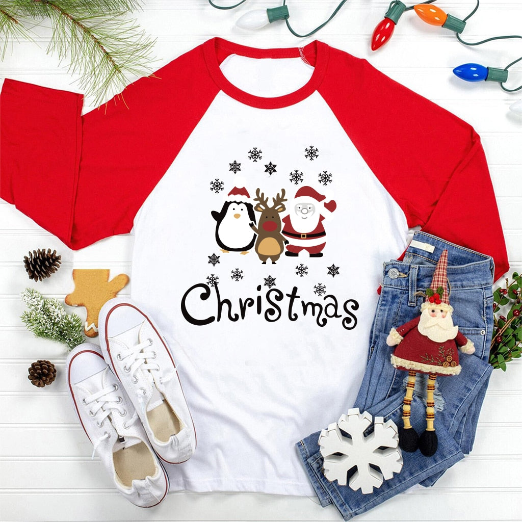 2020 Merry Christmas Funny Santa Claus Printing Women's T Shirt Fashion Oversized Raglan Long Sleeve Top Women Christmas Clothes - Executive-Skincare