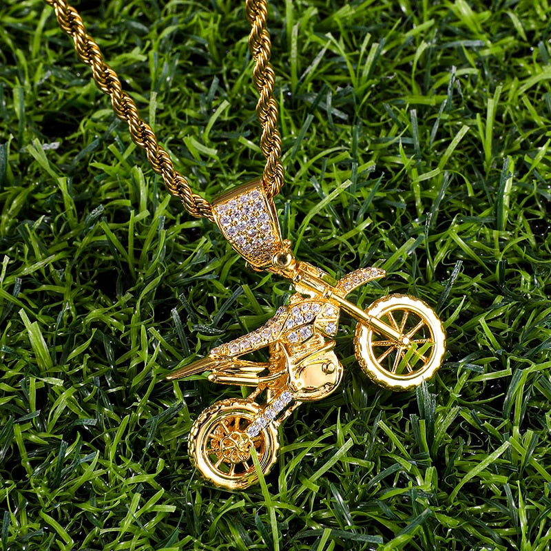 HIP Hop Full AAA Iced Out Bling CZ Cubic Zircon Copper Motorcycle Pendants &amp; Necklaces For Men Jewelry With Tennis Chain - Executive-Skincare