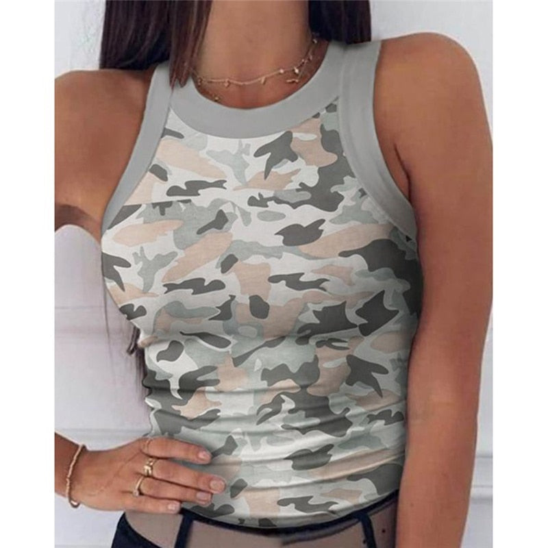 2022 Summer Women Print Top Fashion Women Casual Army Camo Camouflage Tank Sleeveless O-neck Slim Vest T-Shirts - Executive-Skincare