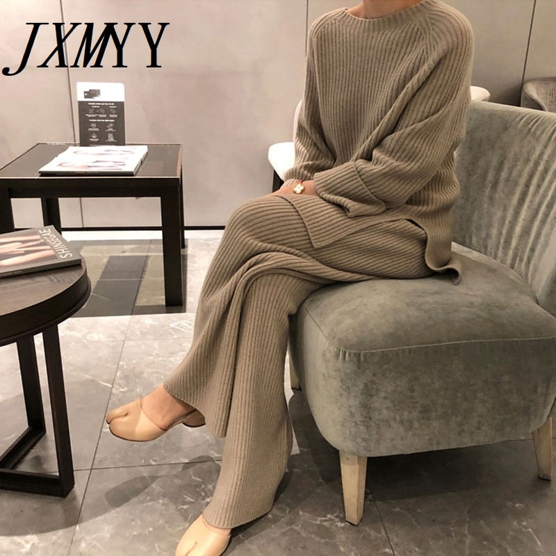 JXMYY 2022 New Fashion Winter Women&#39;s Thicken Warm Knitted Pullover Sweater Two-Piece Suits +High Waist Loose Wide Leg Pants Set - Executive-Skincare