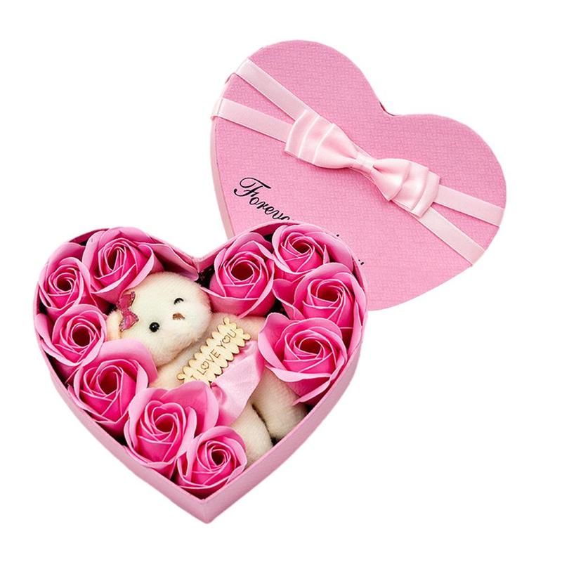 Soap Roses Flower Gift Box with Cute Teddy Bear and Tag I LOVE YOU Scented Bath Body Petal Birthday Day Valentines Gift - Executive-Skincare