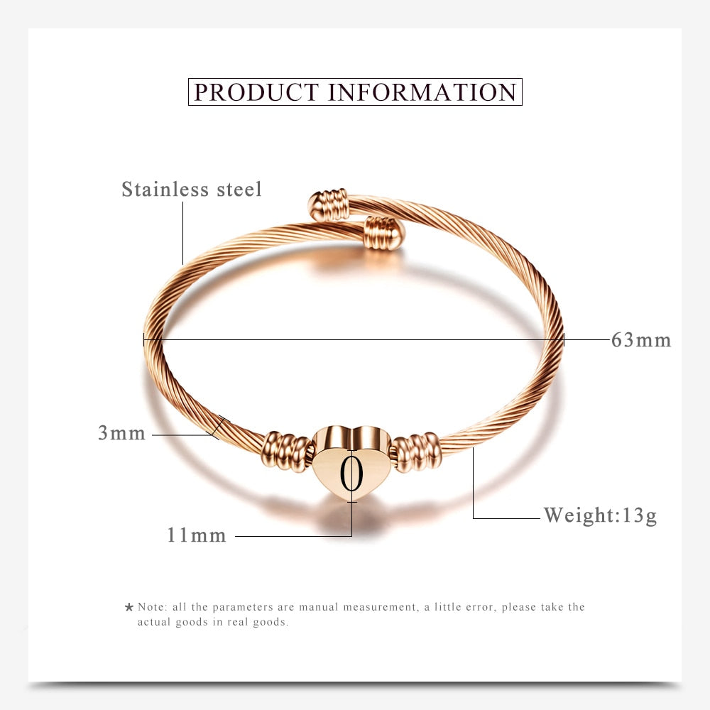 Rose gold Color Stainless Steel Heart Bracelet Bangle With Letter Fashion Initial Alphabet Charms Bracelets For Women - Executive-Skincare