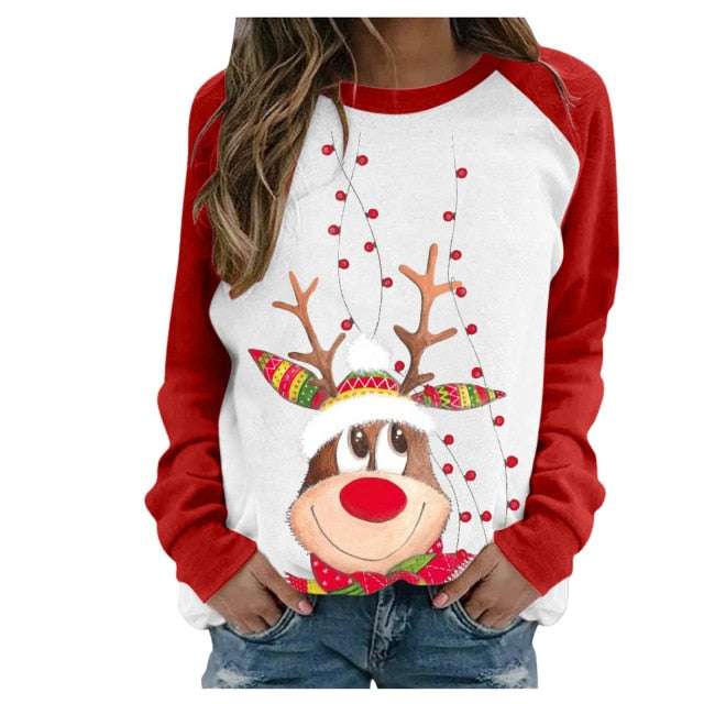 Funny Cute Elk Printing Long Sleeve Christmas Women T Shirt Harajuku S-2xl Cotton Woman Tshirts Graphic Aesthetic Shirt Female - Executive-Skincare