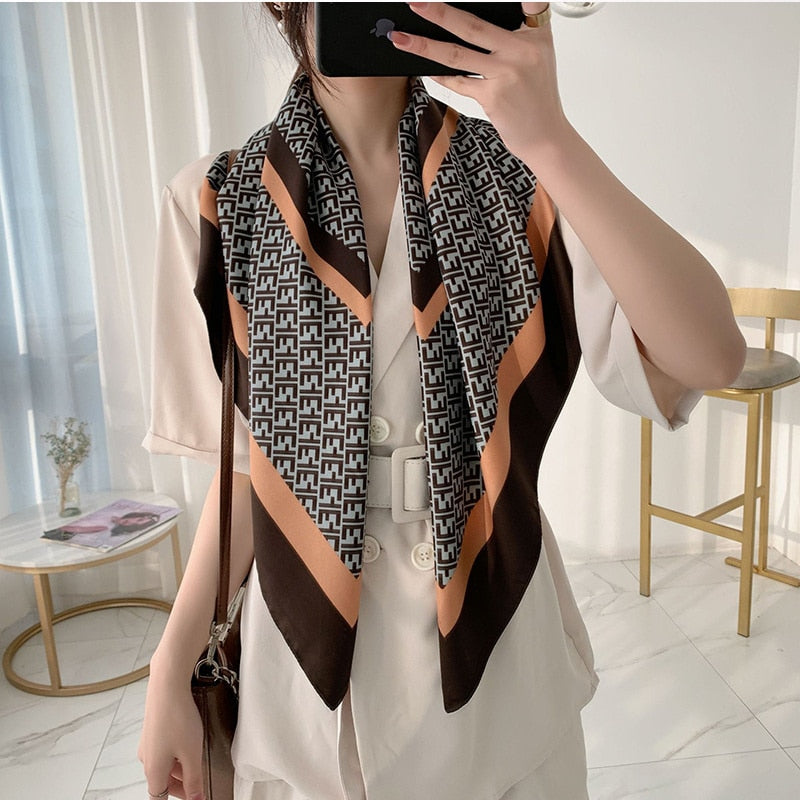 Expensive Brand 2022 New 90x90CM Luxury Lattice Geometric Silk Scarf Women&#39;s Retro F Print Fashion Square Bandana Headscarf Tie - Executive-Skincare