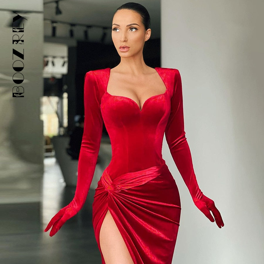 BoozRey Women Elegant Gown Long Dress Evening Club Outfits Women Gloves Sleeve Velvet Sexy Slit Maxi Dresses Bridesmaid Dresses - Executive-Skincare