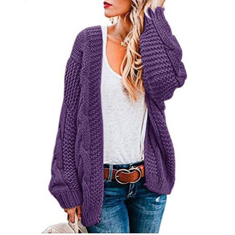 2021 spring and autumn new thick needle twist knit cardigan women&#39;s mid-length solid color casual loose coat cardigan - Executive-Skincare