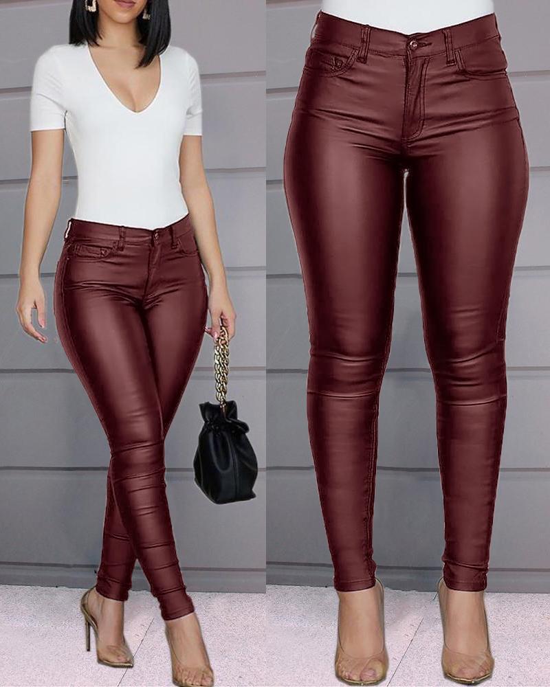 Pure Color Leather Casual Pants Small Feet Pants Spring Women Pu Leather Pants Black Sexy Stretch Bodycon Leather Pants High Red - Executive-Skincare