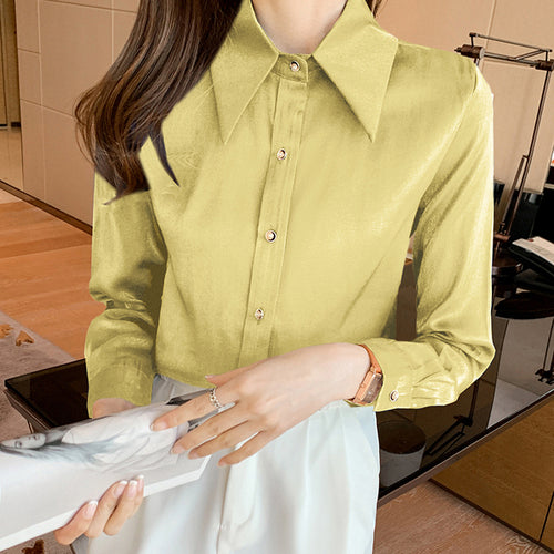 Korean Silk Women Shirts Satin Blouses Women Long Sleeve Shirts Tops - Executive-Skincare