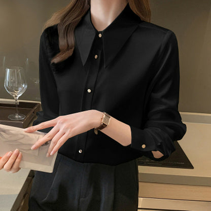 Korean Silk Women Shirts Satin Blouses Women Long Sleeve Shirts Tops - Executive-Skincare