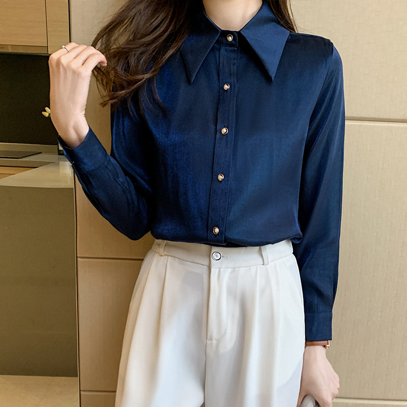 Korean Silk Women Shirts Satin Blouses Women Long Sleeve Shirts Tops - Executive-Skincare